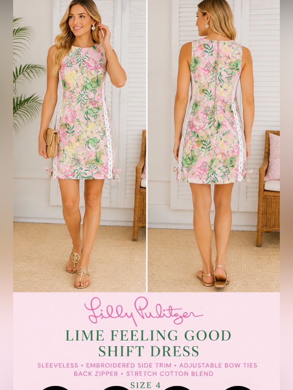 Lilly Pulitzer Lime Feeling Good Print Embroidered Trim Shift Dress Size 4